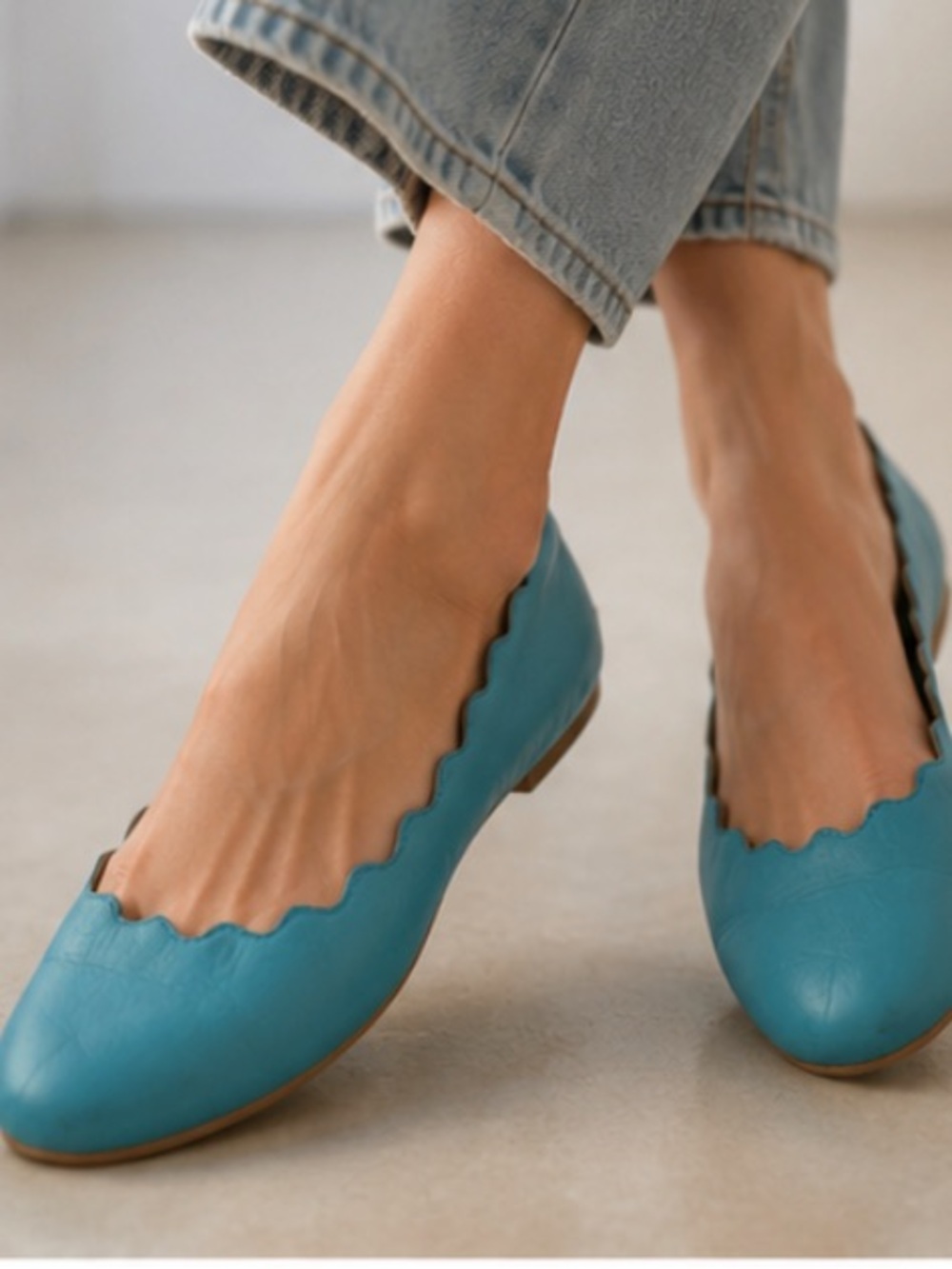Chloe Lauren Scalloped Leather Ballet Flats Turquoise Leather Shoes 36.1/2